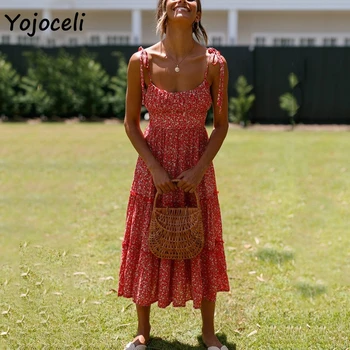 Yojoceli elegantný kvetinový tlač sundress ženy boho pláži midi šaty žena vestidos šaty veľké kyvadlo šaty