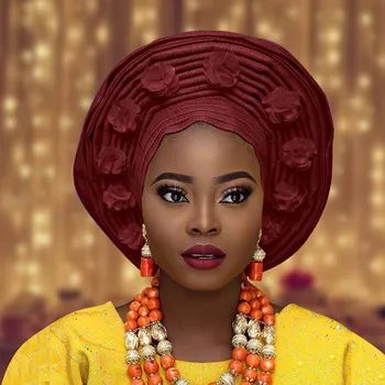 Africké aso oke auto gele pre ženy s kvetinou Nigérijský aso ebi headtie na svadbu