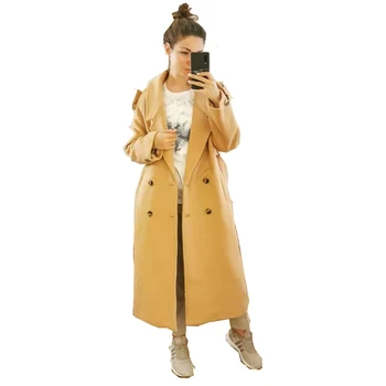 UK 2020 Jar Nový dizajn Ženy Jednoduché Vlna Maxi Dlhý Kabát Župan Slim fit kabát Bežné kabát s pásom Sivá