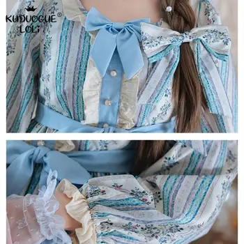 Japonský Sladké Lolita Šaty Vintage Čipky Bowknot Roztomilý Tlač Modré Šaty Viktoriánskej Kawaii Dievča Gothic Princess Ženy Oblečenie