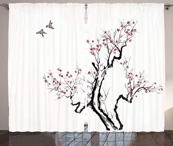 Japonské Závesy Klasické Ázijské Maľovanie v Štýle Art Kvet Pobočiek Kvet a Lietajúce Vtáky Vzor Obývacia Izba, Spálňa