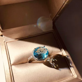 Romantický Vytvorené Akvamarín Modrý Zirkón Prsteň Strieborný Prsteň pre Ženy Výročie Svadby Jemné Šperky Prst Prsteň