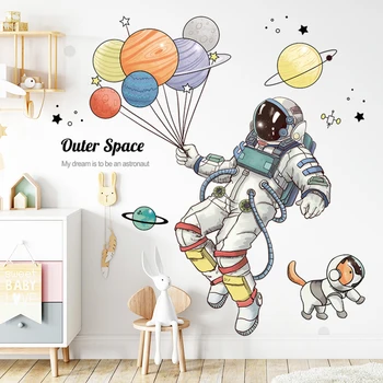 3D Astronaut Vymeniteľné Samolepky na Stenu Tvorivá kozmická Loď Priestor Planéty Balón Kotúča, pre Dieťa Izba Cartoon Mš Nálepku