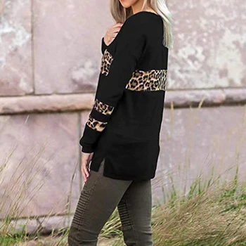 Tričko Ženy, Nové t-shirts ženy 2018 móde Vintage tshirts bavlna sexy krku Leopard Tlač patchwork dlhé rukávy poleras mujer