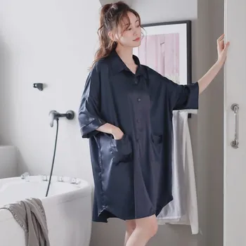 Sexy Polovičný Rukáv Nightdress Bežné Domáce Župane Ženy Satin Sleepshirt Intímne Bielizeň Krátke Oblečenie Pre Voľný Čas Modrý Odev