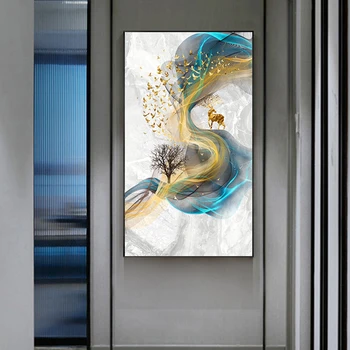 Abstrakt Zlatý Jeleň Maľovanie Tablo Veľká Veľkosť Plátno na Maľovanie Modré Zlato Výtlačkov a Plagáty na Stenu Obrázky pre Obývacia Izba Dekor
