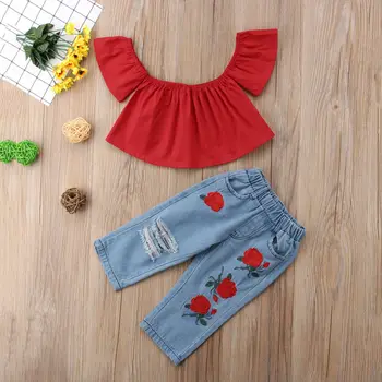 2 ks Fashion Dievčatá Oblečenie Set sa 2019 Letné Baby Dievčatá Oblečenie Red Top Volánikmi+Denim Kvetinový Otvor Nohavice Deti Oblečenie v Ťažkostiach