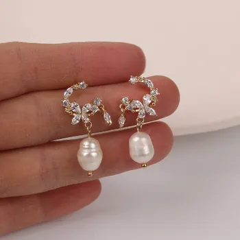 Kórejský horúce módne šperky nádherné medi vykladané zirkón list kvet náušnice elegantné ženy sladkovodné perly prívesok náušnice