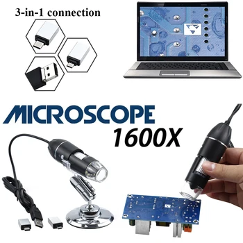 Profesionálny USB HD Digitálny Mikroskop 1600X 1000X 500X 8 LED Elektronickým Mikroskopom Endoskopu Zoom Kamery zväčšovacie sklo+ Držiak