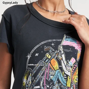 Gypsylady Vintage Bežné Grahpic Tees Black Letné Bavlnené tričko Ženy Rock Tričko Ženy Krátky Rukáv Topy Tee Tričko Žena