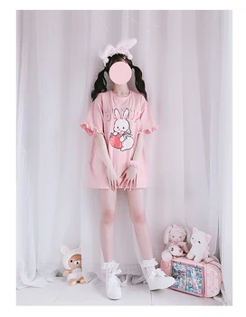College Lolita Ružová Femme T-shirts Kawaii Jahoda Bunny Obrázok Letné Topy Ženy 2020 Mäkké Gir Roztomilý Králik Prehrabať Tee Tričko