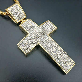 Zlatý Veľký Kríž Z Nehrdzavejúcej Ocele Náhrdelník Prívesok S Reťazca Pre Mužov, Ľadový Sa Bling Kamienkami Hip Hop Christian Šperky