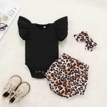 #50 Lete Novorodenca Dieťa Dievča Oblečenie Lietať Rukáv Pevné Farba Romper Bodytsuit+leopard Vytlačené Šortky Čelenky Oblečenie Set