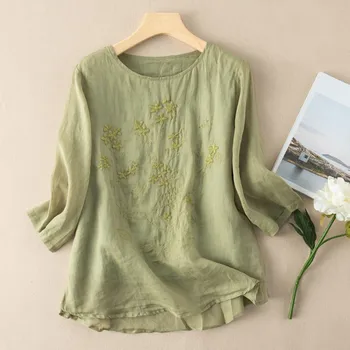 Vysoko Kvalitné Bavlnené tričko Ženy Príležitostné Letné Topy Nové 2020 kórejský Štýl Vintage Kvetinové Výšivky Ženský Čaj Košele P1151