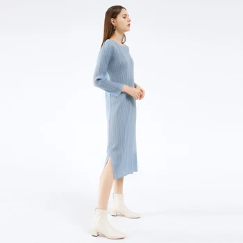 Miyake skladaný dlhý rukáv, dlhé jednoduché šaty jeseň 2020 kórejské oblečenie móda plus size split šaty žien zime