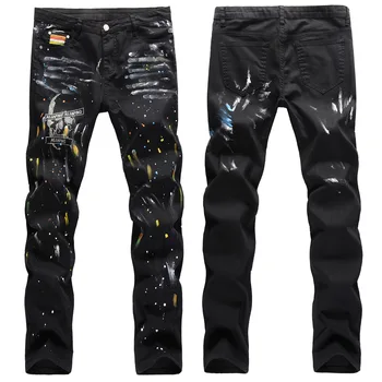 Nové nohavice Európskej Americký ulice, hip-hop štýl ručne maľované mačka fúzov splash farby a farby lebky rovné nohavice, džínsy