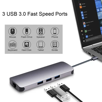 USB C Hub 9 v 1, USB-C Hub Typ C Adaptér s USB 3.0 4K HDMI SD TF Kariet 3.5 mm AUX RJ45 Ethernet PD Nabíjanie pre Macbook