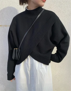 2020 Jeseň, Zimu, Elegantný krížom-krážom Pletený Sveter Ženy Móda kórejský Nepravidelné Rozdelenie Dizajn Ženy Pulóver Knitwear Topy