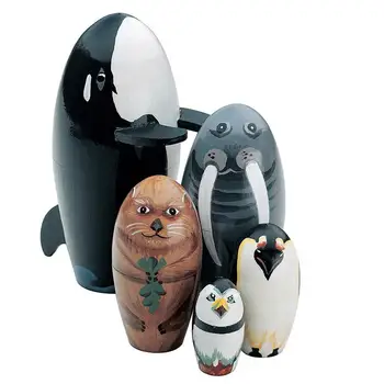 5 ks/Set Drevené Veľryba Penguin Zvierat Matryoshka Hniezdenie Bábiky, Figúrky Deti Vzdelávacie Hračky pre Deti Darček