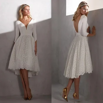 2020 Nové vestidos de novia Backless tvaru čipky, satén nášivka 3/4 rukávy vysoká nízka svadobné šaty Čaj Dĺžka rúcha de mariag