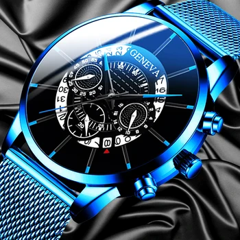 Luxusné pánske Módne Business Kalendár Hodinky Modré z Nehrdzavejúcej Ocele Oka Pásu Analóg Quartz Hodinky relogio masculino muži hodinky