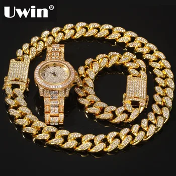 UWIN Hip Hop Náhrdelník 2cm Crystal Miami Kubánskeho Reťazca Náramok Hodiniek Nastaviť Kamienkami Zliatiny Zinku Šperky, Náhrdelníky Pre Mužov