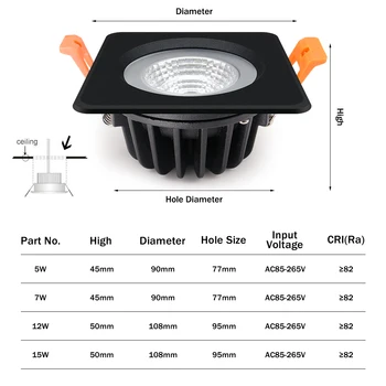 [DBF]IP65 Vodeodolný LED Spot Light 5W 7W 12W 15W Black/White Námestie Zapustené Downlight Kúpeľňa Stropné Svietidlo 3000K/4 000 K/6000K