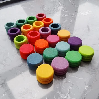 Najnovšie 12 farieb rainbow series Deti Drevené Hračky Buk Rainbow Mincí a Krúžky Stohovateľné Bloky Prírody Voľné Časti Kreatívne Hračky