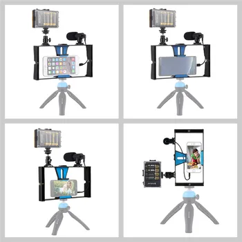 3 v 1 Vlogging Live Vysielanie LED Selfie Svetlo Smartphone Video Súpravy Súpravy s Mikrofónom + Studenej Obuvi Statív Hlavu