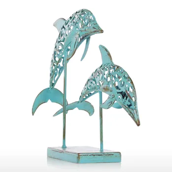 Tooarts Kovové Sochy Dve Modré Delfíny Železa Ručné Socha Dizajn, Socha Ornament Morského Života Retro Efekt Domáce Dekorácie