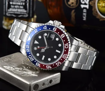 Automatické hodinky 40 mm GMT modrého a červeného rámu sterilné dial zafírové sklo sledovať náramok z nerezovej ocele pohyb A22-22