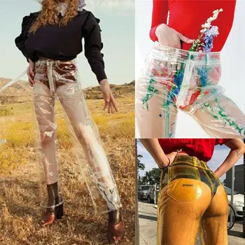 Nové Módne PVC Plastu Nepremokavé Nohavice uvidíme, aj Keď Unikátny Transparentný Pevné Vysoký Pás Širokú Nohu, Nohavice Voľné Nohavice Streetwear
