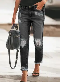 Jesenné a zimné novej dámskej módy bežné slim fit univerzálny vysoko strede zúžený perforované surové okraja umyté Capris elastické jeans