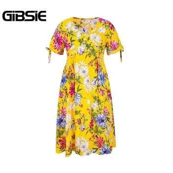 GIBSIE Boho Kvetinový Tlač Tlačidlo Ženy Letné Šaty 2020 tvaru Krátky Rukáv Kravatu Dovolenku Bežné Midi Šaty Vestidos Plus Veľkosť
