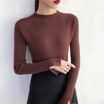 Na predaj 2019 jar Ženy dámy sveter vysoko elastická Pevné pol Turtleneck sveter ženy slim bežné pevne Pletené Pulóvre