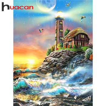 Huacan 5D DIY Diamond Maľby Plné Námestie Maják Diamond Výšivky Mozaiky Krajiny Prímorské Dekorácie Domov