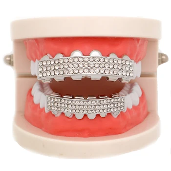 Muži 3 Riadok Ľadový Sa Grily Hornej Dolnej Zlato Strieborná Farba Zubov Grillz Sady, Zubné Zub Čiapky, Luxusné Módne Zubné Šperky