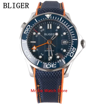 Bliger 41mm Automatické Mechanické Pánske Hodinky GMT Pohyb Luxusné Svetelný Nepremokavé Kalendár Zafír, Sklenené Hodiny, Náramkové hodinky Mužov