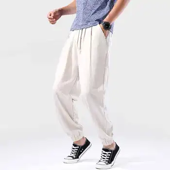 MRDONOO Čínsky štýl, pánske plátené nohavice šnúrkou bežné nohavice retro voľné bavlnené a ľanové hárem nohavice nohy nohy, nohavice K113