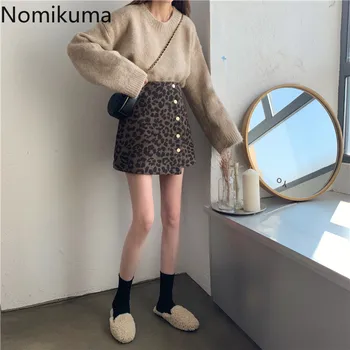 Nomikuma Streetwear Vysoký Pás Leopard Sukne Ženy Jeseň Nové Bočné Tlačidlá Nepravidelný Retro Mini Sukne Ženy Faldas Mujer 3d086