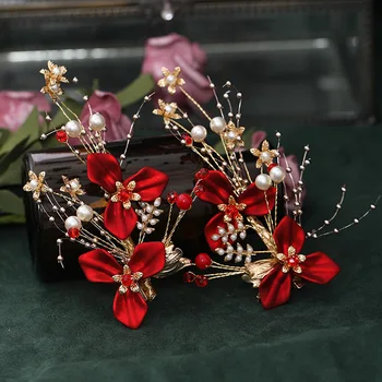 Romantický Červený Kvet Čelenky Hairgrips & Náušnice pre Ženy, Svadobné Svadobné Headpiece Zapojenie Strana Vlasy Príslušenstvo