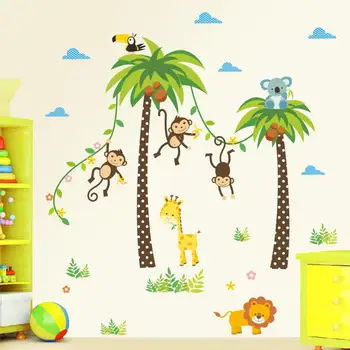 Žirafa, Lev, Opica Palma Lesné Zvieratá samolepky na Stenu Pre Deti Izba Deti Stenu Spálne Škôlky, Nálepiek, Plagátov nástenná maľba Na