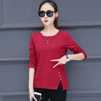 Plus Veľkosť Tričko s Dlhým Rukávom 2020 Jeseň Bežné Pevné Slim Blusas Office Lady kórejské Oblečenie Žien O-krku Bavlna T-shirt 10711