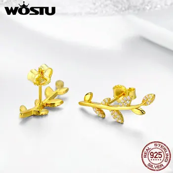 WOSTU Kvet, Listy Zlatá Farba Stud Náušnice 925 Sterling Silver Zirkón Malé Náušnice Pre Ženy kórejský Módne Šperky FIE556