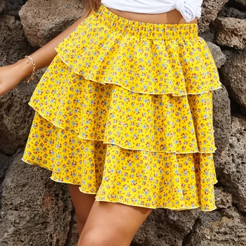 Letné Vintage Volánikmi Mini Sukne dámske Móde Žltá BOHO Skladaný Kvet Plážové Sukne Strany Pozdĺžne Biele Dna 2020 NOVÉ