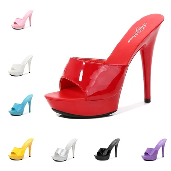 Obuv Ženy, Papuče, Sandále Sexy Topánky Jemné Päty Platformu Kožušiny papuče papuče Listov Flip Flops Patent kožené Dámske Topánky