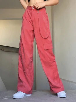 XUXI Jeseň 2020 Ženy Rovnou Nôh Nohavice Vintage Vysoký Pás Módne Farbou Menčester Voľné Tenké Pravidelné Nohavice FZ2454