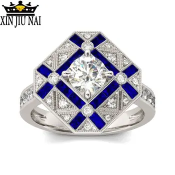 Luxusné Geometrie Veľké Prstene Pre Mužov, Ženy 925 Silver Blue Biely Zirkón Zásnubný Prsteň Muž Birthstone sapphire krúžok