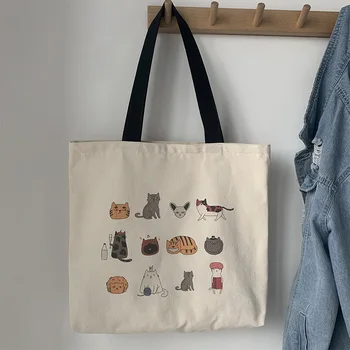 Veľké Plátno Kapsičky Taška pre Ženy 2020 Eco Opakovane Ramenný Nákupní Taška Japonských Kreslených Mačka Cestovné bavlnenú Handričku, Študentské Tašky