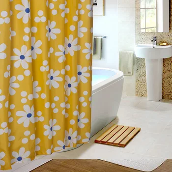 Sprchový Záves Žlté Kvety Potlačené Tkaniny Odolné voči Plesniam Nepremokavé Vaňa Závesy pre Kúpeľňa 12pcs Háčiky